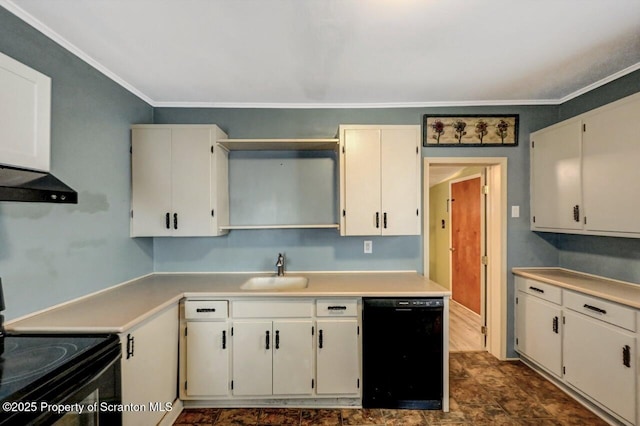 kitchen with open shelves, a sink, black appliances, light countertops, and white cabinetry