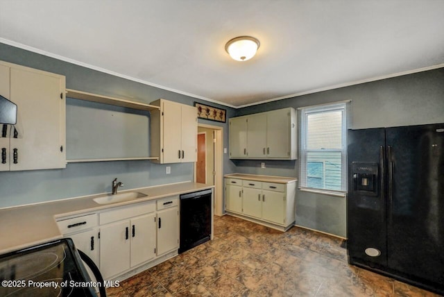 kitchen with black appliances, ornamental molding, light countertops, and a sink