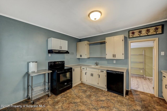 kitchen featuring a sink, black appliances, white cabinets, light countertops, and under cabinet range hood