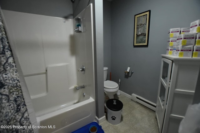 bathroom featuring shower / tub combo, baseboards, toilet, a baseboard radiator, and tile patterned floors