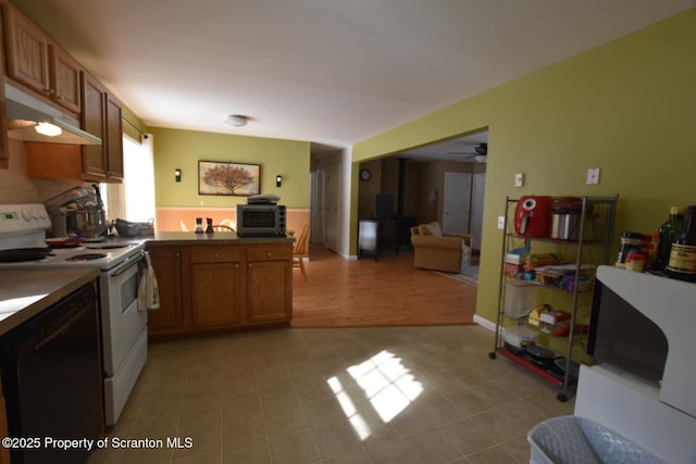 kitchen with white electric range oven, brown cabinetry, dishwasher, ceiling fan, and under cabinet range hood