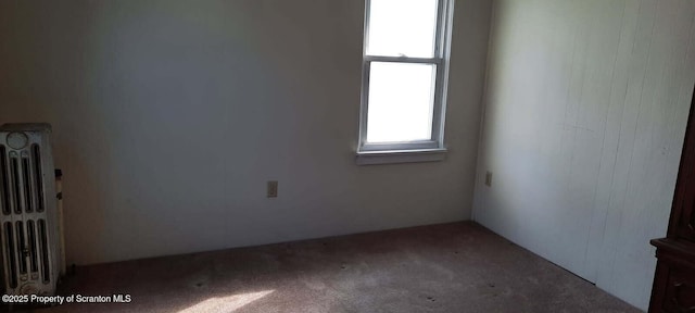 spare room featuring carpet floors and radiator