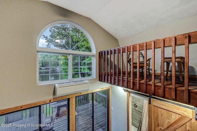 482 Lakeview Dr, Kingsley, PA 18826 - stairway with vaulted ceiling and a wall mounted AC