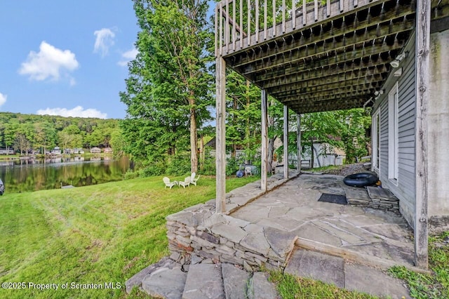 482 Lakeview Dr, Kingsley, PA 18826 - view of patio / terrace featuring a deck with water view and a forest view