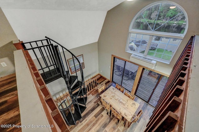 482 Lakeview Dr, Kingsley, PA 18826 - stairway with wood finished floors and a high ceiling