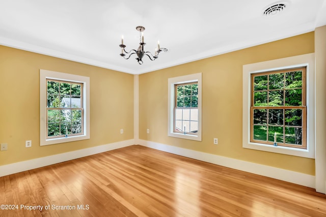 empty room featuring a healthy amount of sunlight, light wood-type flooring, and a chandelier