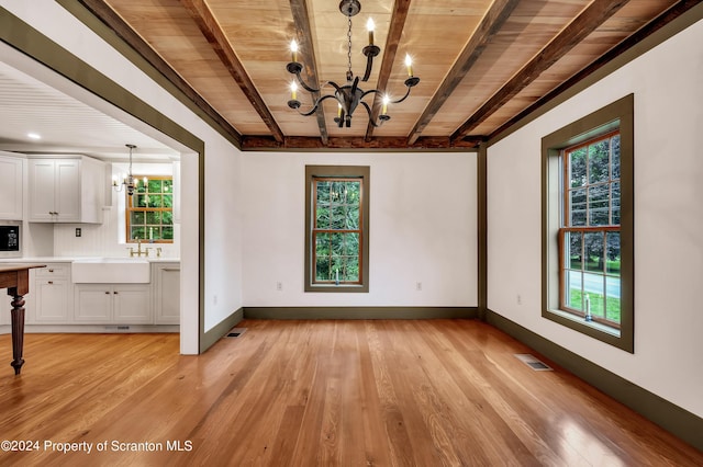 unfurnished dining area with beam ceiling, wood ceiling, and an inviting chandelier