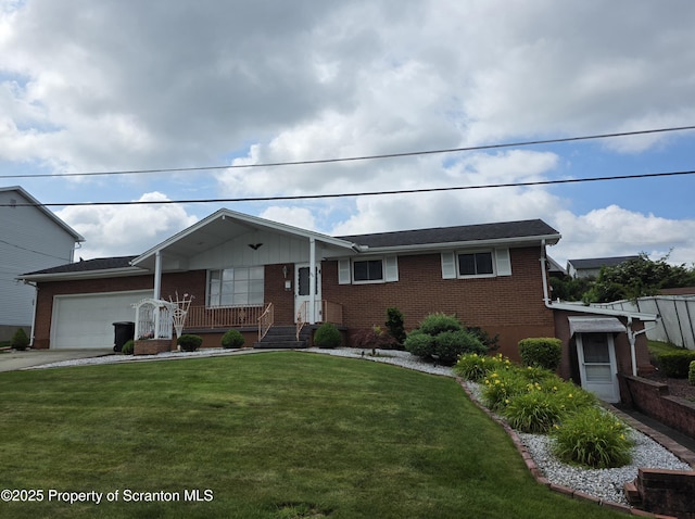96 W Swallow St, Olyphant, PA 18447 - ranch-style house with brick siding, a garage, a front yard, and concrete driveway