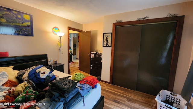 bedroom with wood-type flooring and a closet