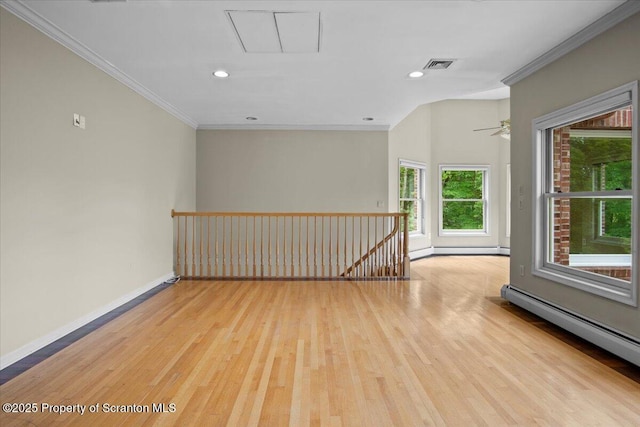 441 Hidden Lake Dr, East Stroudsburg, PA 18302 - empty room featuring a baseboard radiator, baseboard heating, wood finished floors, ornamental molding, and recessed lighting