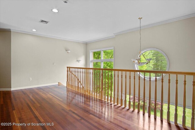 441 Hidden Lake Dr, East Stroudsburg, PA 18302 - hall with a chandelier, crown molding, recessed lighting, and wood finished floors