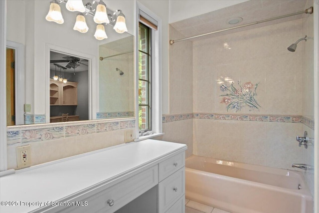 441 Hidden Lake Dr, East Stroudsburg, PA 18302 - full bathroom featuring bathing tub / shower combination, vanity, a chandelier, and tile patterned flooring