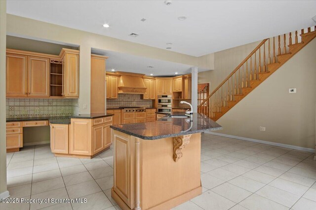 441 Hidden Lake Dr, East Stroudsburg, PA 18302 - kitchen with premium range hood, open shelves, backsplash, appliances with stainless steel finishes, and recessed lighting