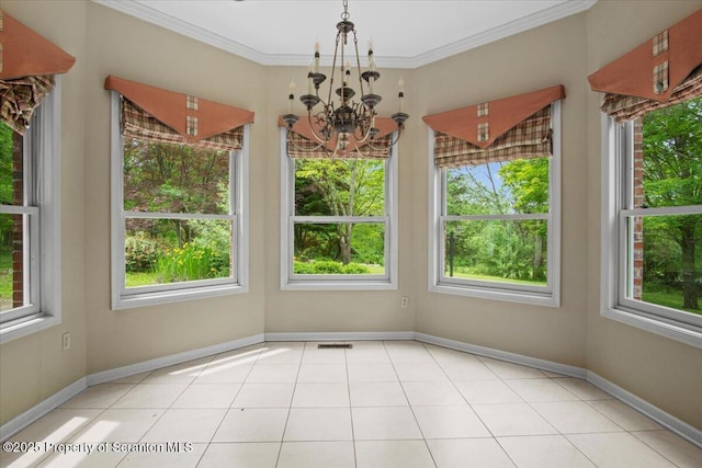 441 Hidden Lake Dr, East Stroudsburg, PA 18302 - unfurnished dining area featuring a chandelier, crown molding, and light tile patterned flooring