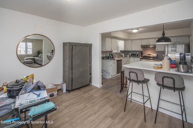 kitchen with sink, light hardwood / wood-style flooring, appliances with stainless steel finishes, hanging light fixtures, and tasteful backsplash