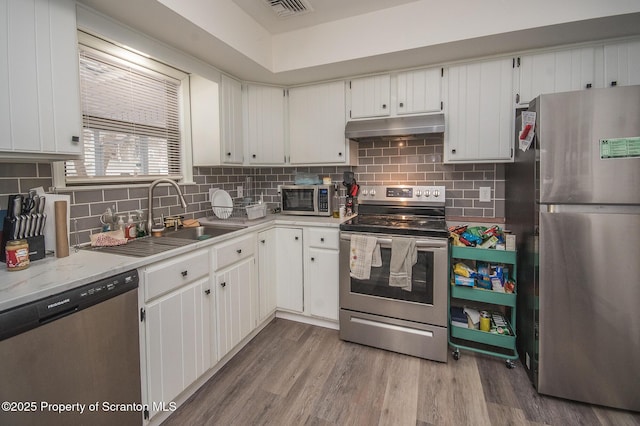 kitchen with sink, white cabinetry, hardwood / wood-style floors, stainless steel appliances, and tasteful backsplash