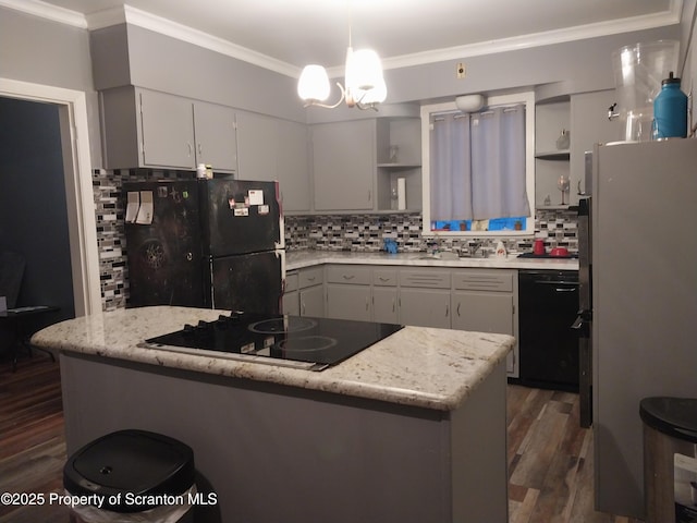 kitchen with black appliances, ornamental molding, open shelves, dark wood-style floors, and decorative backsplash