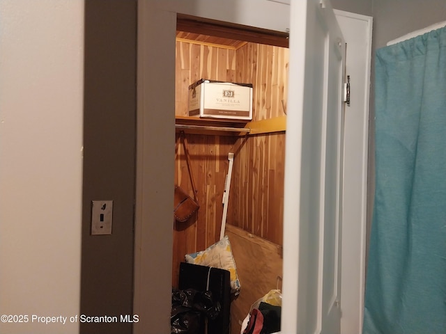 bathroom featuring wood walls