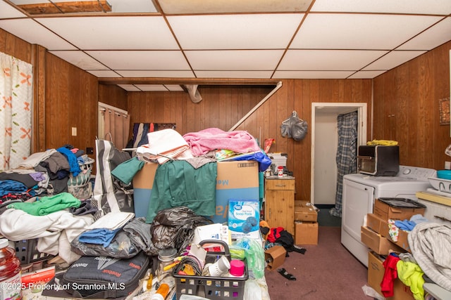 1010 Wood St, Old Forge, PA 18518 - interior space with a paneled ceiling, washing machine and dryer, wood walls, and carpet
