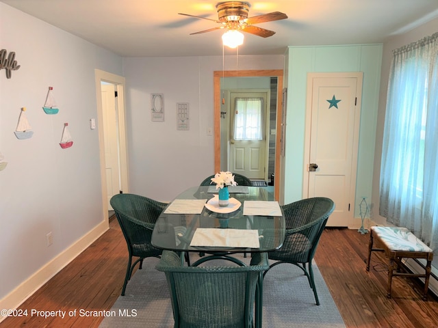 dining area featuring ceiling fan and dark wood-type flooring