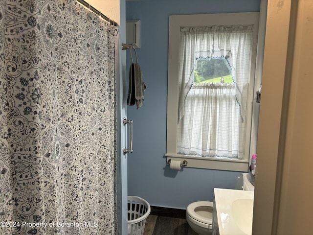 bathroom featuring a shower with shower curtain, vanity, toilet, and hardwood / wood-style floors