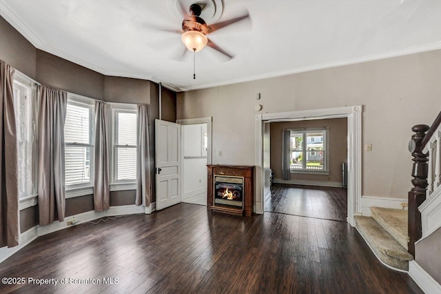 126-128 S Rebecca Ave S, Scranton, PA 18504 - unfurnished living room with ceiling fan, stairs, wood finished floors, a glass covered fireplace, and baseboards
