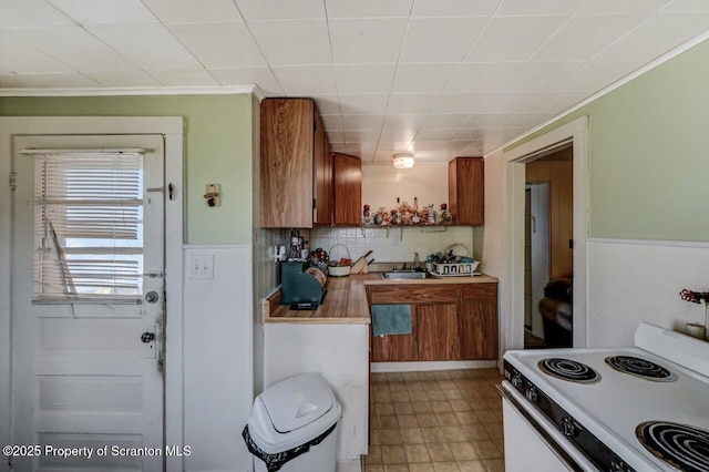 126-128 S Rebecca Ave S, Scranton, PA 18504 - kitchen with electric stove, brown cabinetry, light countertops, a wainscoted wall, and ornamental molding
