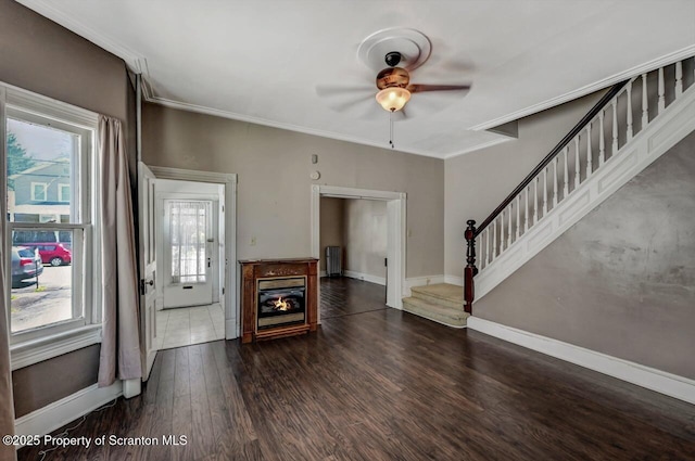 126-128 S Rebecca Ave S, Scranton, PA 18504 - living room featuring stairway, wood finished floors, baseboards, a ceiling fan, and crown molding