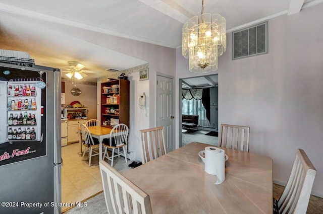 dining room with ceiling fan with notable chandelier