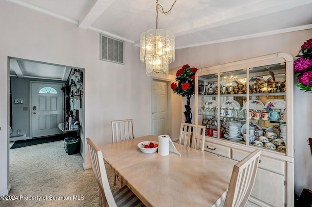 carpeted dining space with beam ceiling, baseboard heating, and an inviting chandelier