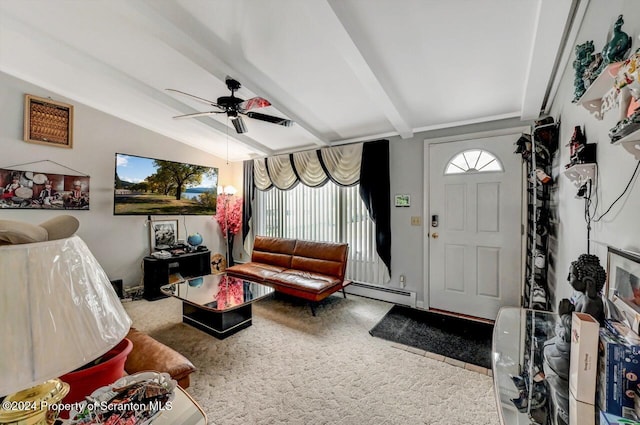 interior space featuring vaulted ceiling with beams, ceiling fan, carpet, and a baseboard heating unit