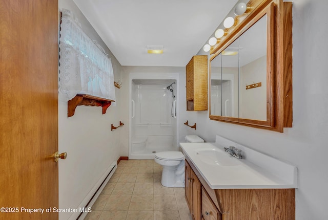 bathroom with vanity, walk in shower, baseboard heating, toilet, and tile patterned floors