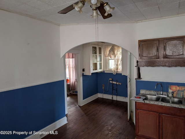 430 14th Ave, Scranton, PA 18504 - kitchen featuring a sink, ceiling fan, arched walkways, dark wood-type flooring, and light countertops
