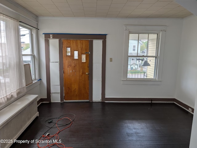 430 14th Ave, Scranton, PA 18504 - foyer entrance with dark wood-type flooring, ornamental molding, radiator heating unit, and baseboards