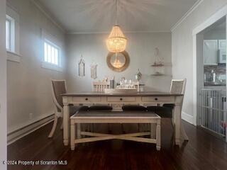 dining space featuring dark hardwood / wood-style floors, a baseboard radiator, and crown molding