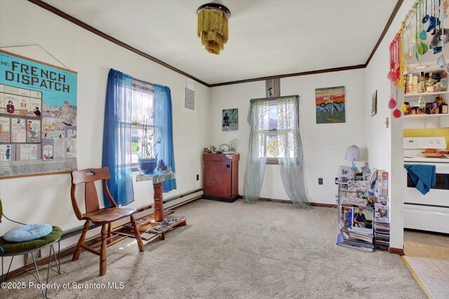 living area with carpet flooring, ornamental molding, a healthy amount of sunlight, and baseboards