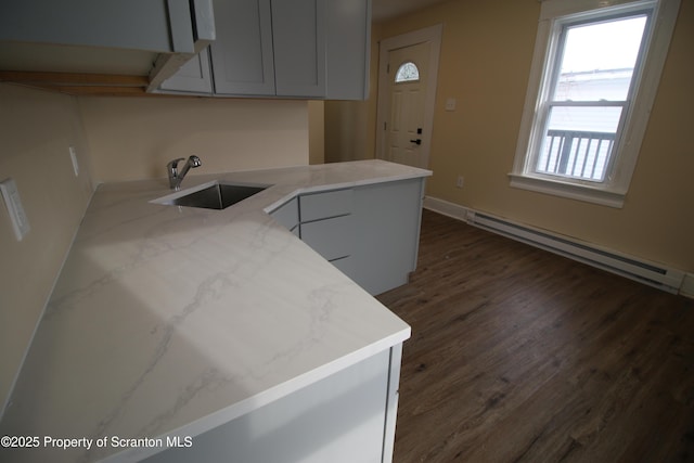 kitchen with kitchen peninsula, gray cabinets, a baseboard radiator, dark hardwood / wood-style flooring, and sink