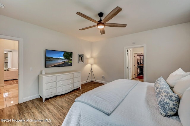 bedroom featuring hardwood / wood-style floors, ceiling fan, a walk in closet, and a closet