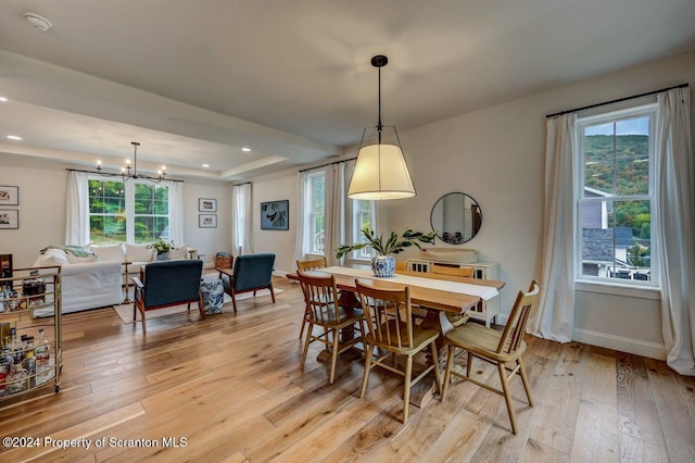 dining room with an inviting chandelier, light hardwood / wood-style flooring, and a raised ceiling