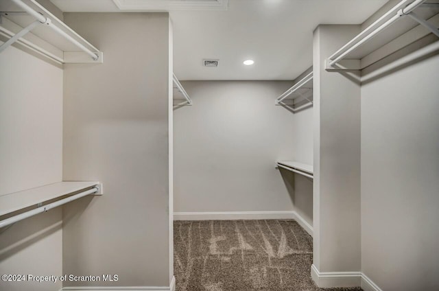 walk in closet with dark colored carpet