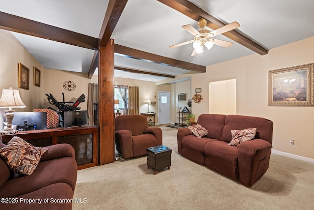 2211 Myrtle St, Scranton, PA 18510 - carpeted living area featuring beamed ceiling and a ceiling fan