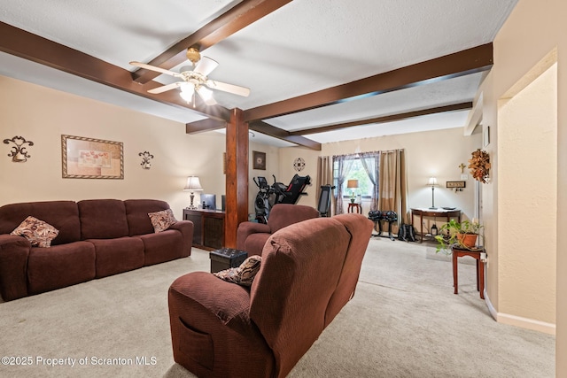 2211 Myrtle St, Scranton, PA 18510 - living room with light colored carpet, beamed ceiling, and ceiling fan