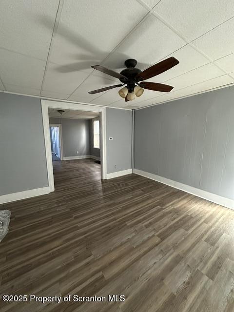 1353 Capouse 1351, Scranton, PA 18510 - empty room with dark wood-style flooring, baseboards, a ceiling fan, and a drop ceiling