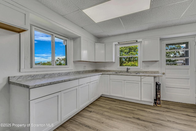 826 Moltke Ave, Scranton, PA 18505 - kitchen featuring white cabinets, a paneled ceiling, light wood-style floors, and light stone countertops