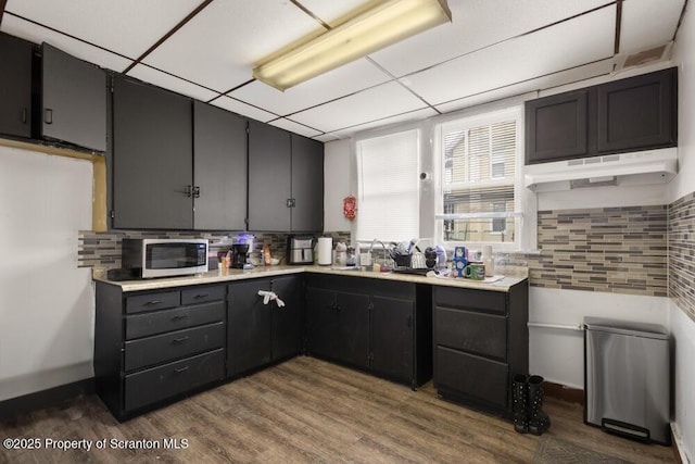 kitchen with a sink, dark wood-style flooring, stainless steel microwave, and backsplash