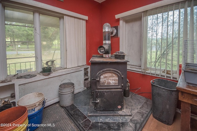 interior details with a wood stove