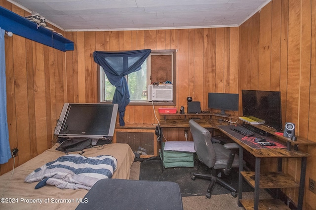 home office featuring carpet, cooling unit, and wooden walls