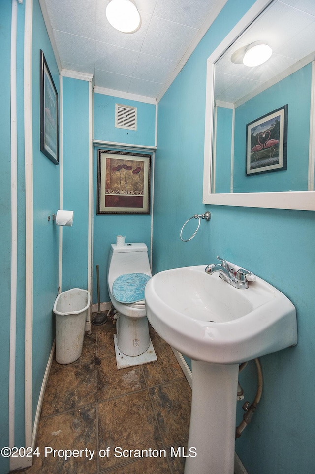 bathroom featuring toilet and crown molding