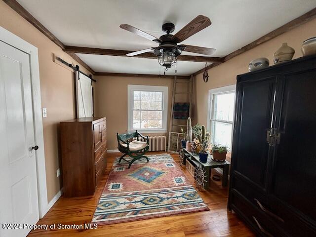 sitting room featuring wood-type flooring, a barn door, ceiling fan, and radiator