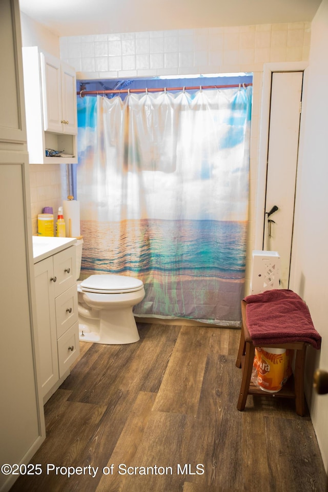 bathroom featuring walk in shower, wood-type flooring, toilet, and vanity